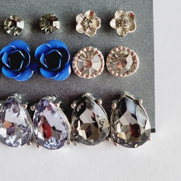 Massini 9 Pack Stud Earrings Teardrops Flowers Bezel Set Heart New On Card - Picture 3 of 5